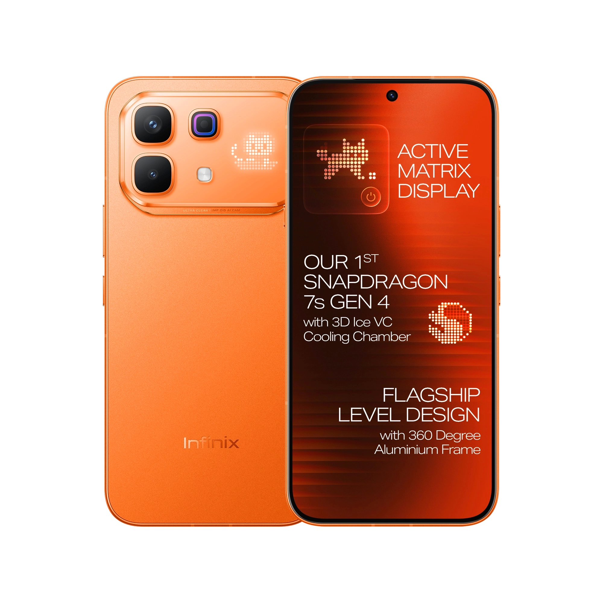 Orange smartphone showing back and front views with text on a white background