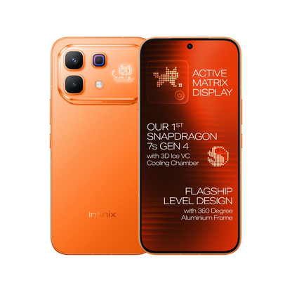 Orange smartphone showing back and front views with text on a white background